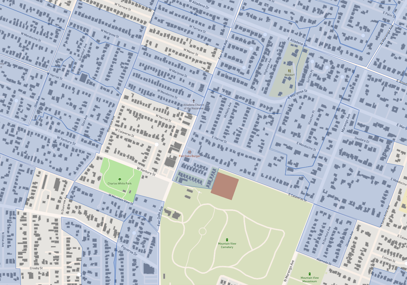 Map of the Fair Oaks Corridor showing residential and commercial blocks in the pilot area